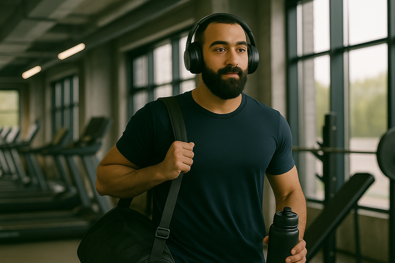 Man with a beard wearing headphones, holding a black bag and water bottle in a gym.